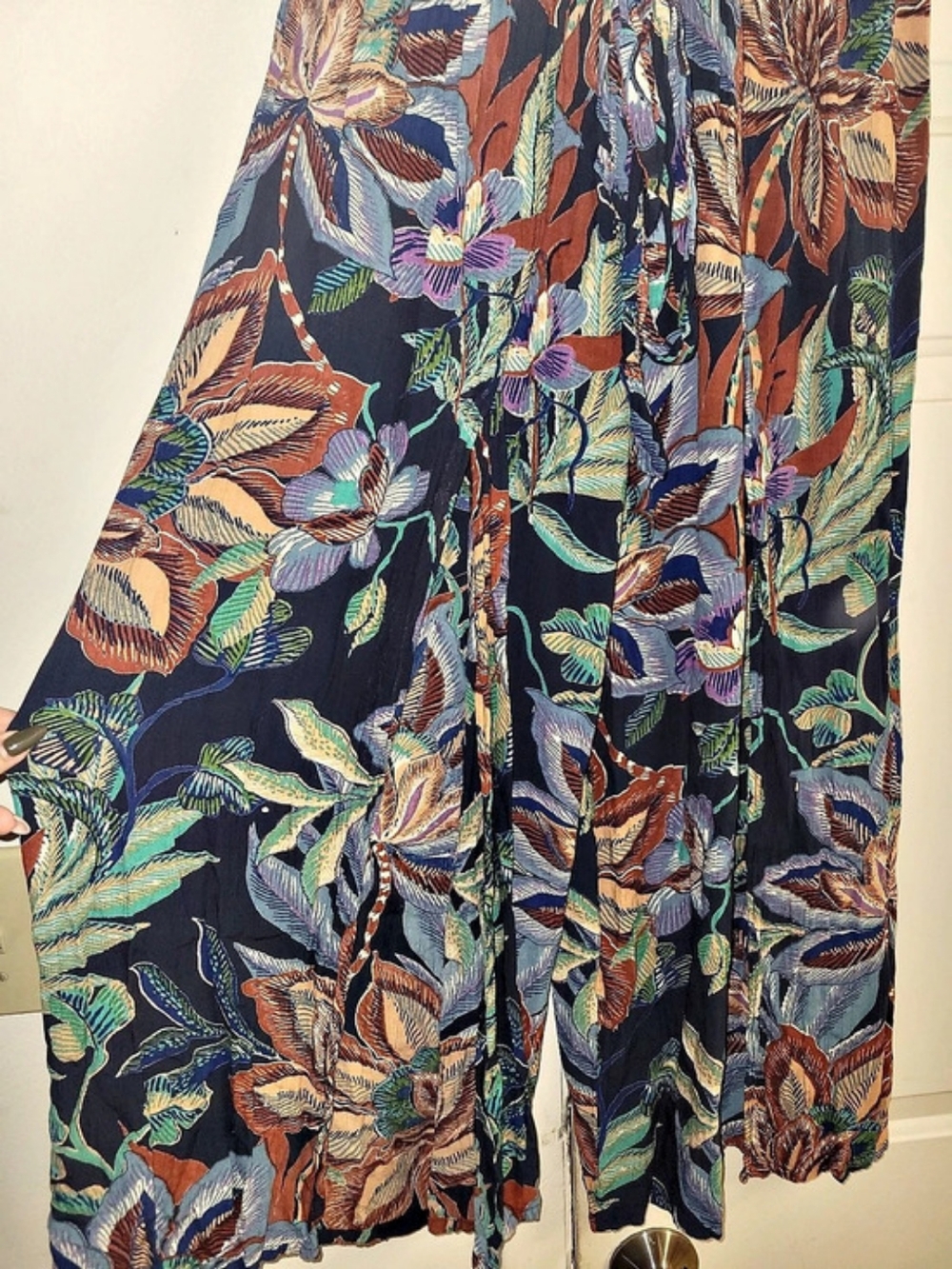 Angie Floral Wide Leg Pants With Slit in Blue & Orange Like New